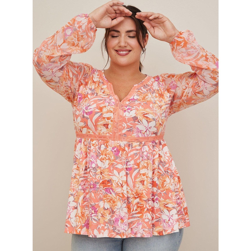 Torrid Babydoll Fabric Mix Super Soft Balloon Chiffon Sleeve Top Plus Size 3 3X - Picture 1 of 13